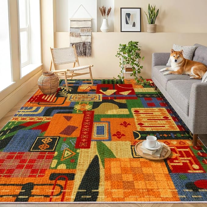 Washable 4x6 Vintage Patchwork Area Rug, Boho Tribal Geometric Colorful Rugs for Living Room, Non-Slip Low Pile Indoor Carpet, Vintage Rustic Rug for Dining Room Bedroom Office Entryway Decor