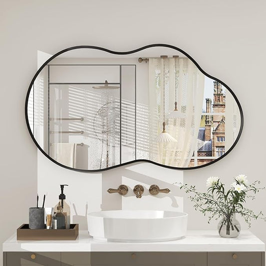 20x36 Matte Black Irregular Mirror, Black Bathroom Vanity Mirror for Bathroom Bedroom Living Room, Decor Wall Mirror, Shatterproof, Anti-Rust (Horizontally/Vertically)