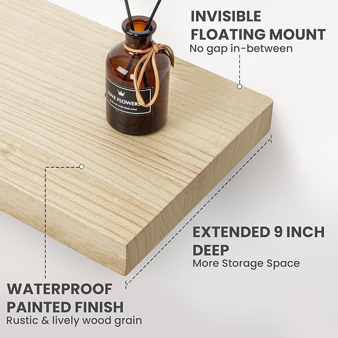 Solid Wood Floating Shelves For Wall, 48”W x 9”D x 1.56”H Large Wall Shelves for Living Room Bedroom Bathroom Kitchen Drcor Storage with Invisible Heavy-Duty Metal Bracket, Natural, Set of 1