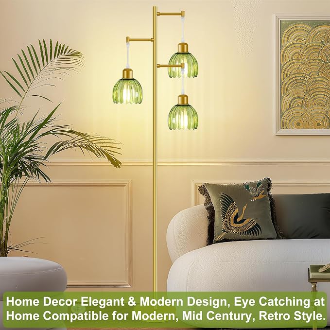 3 Light Flower Floor Lamps for Living Room,Modern Tree Floor Lamp with Foot Switch,Gold Floor Lamp with Glass Shade Vintage,Retro Standing Lamp Includes 3 Bulbs,Boho Tall Lamp for Bedroom Deco