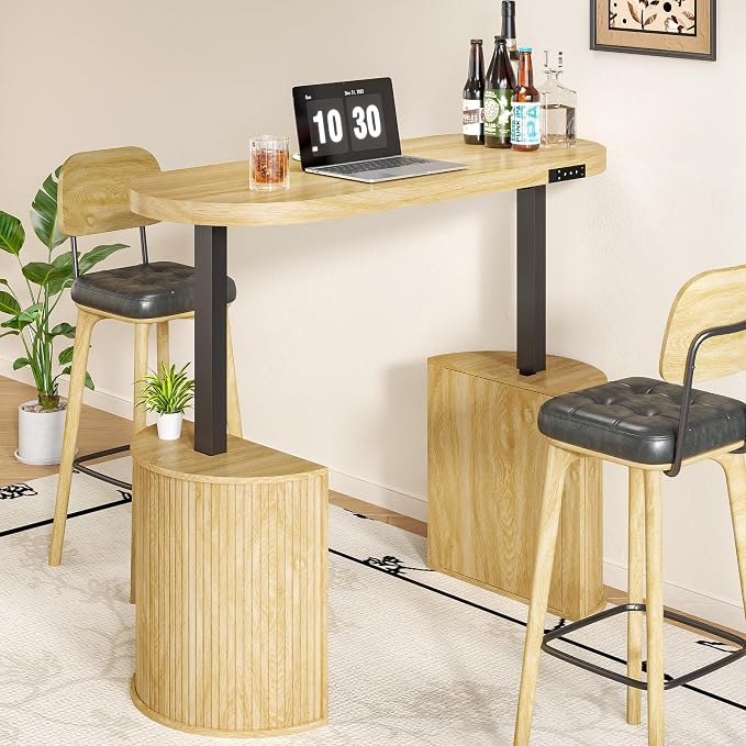 Mid Century Modern Electric Standing Desk with Storage, 55 x 22 Inch Small Sit Stand Up Desk, Wood Adjustable Height Computer Executive Desk for Home Office, Laptop, Oak