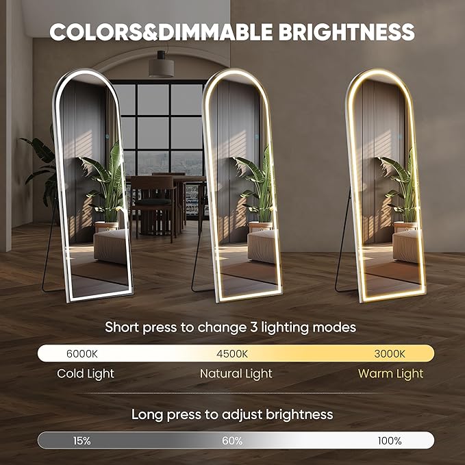 OLIXIS 20"x 63" Arched LED Full Length Mirror with Lights, Standing Lighted Floor Full Body Mirror with 3 Color Lighting, Wall Mounted Mirrors for Bedroom, Bathroom, Entryway with Tempered Glass