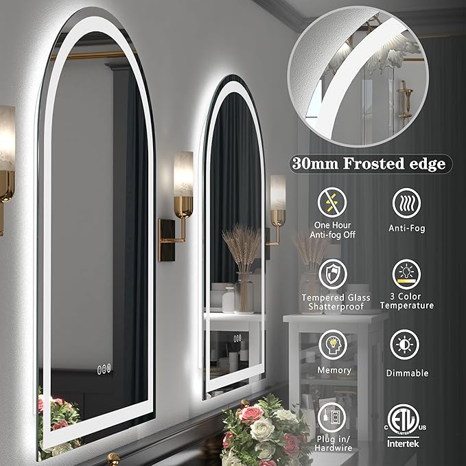 Arched LED Bathroom Mirror 36x48 Inch, Arched LED Vanity Mirror with Backlit, Dimmable Lighted Illuminated Mirror with Anti-Fog, Memory, 3 Colors, Shatter-Proof, ETL Listed
