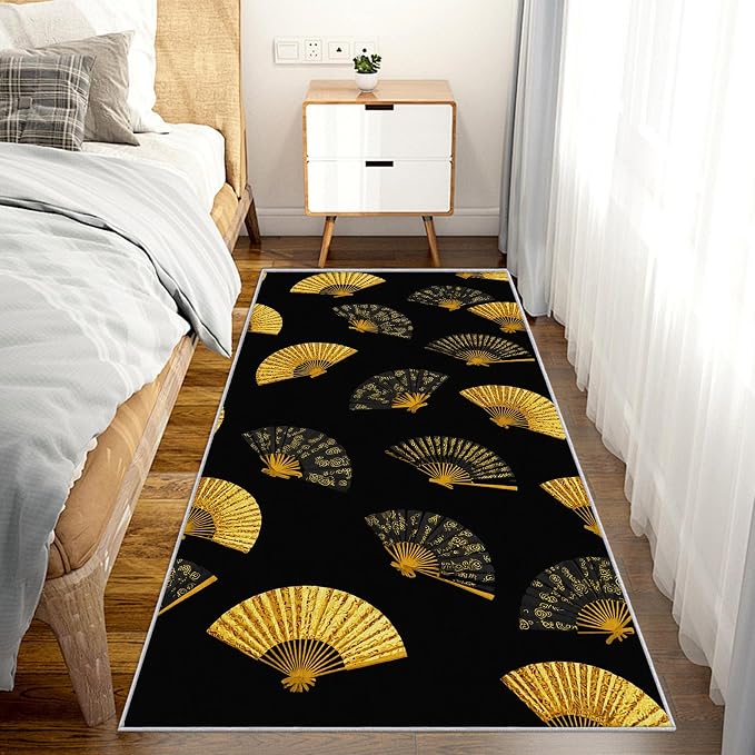 Oriental Fan Runner Rug 2x7, Black and Gold Vintage Asian Design, Japanese Style Area Rug Washable Hallway Rugs Non-Slip Floor Carpet Runner for Bedroom, Narrow Hallway, Kitchen Aisle