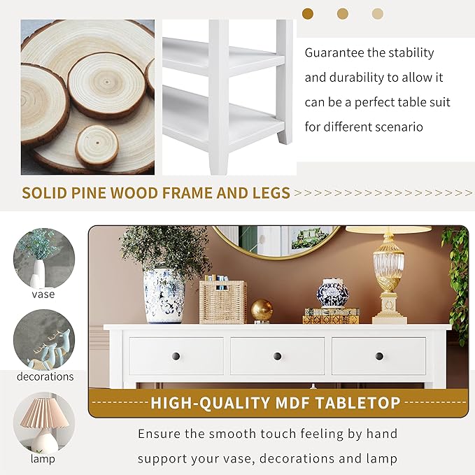 LUMISOL Long Console Table with 3 Storage Drawers, Solid Wood Sofa Table with Storage & Open Shelves, Retro Entryway Tables for Hallway Living Room, 50''L x 16''W x 30.2''H (Antique White)