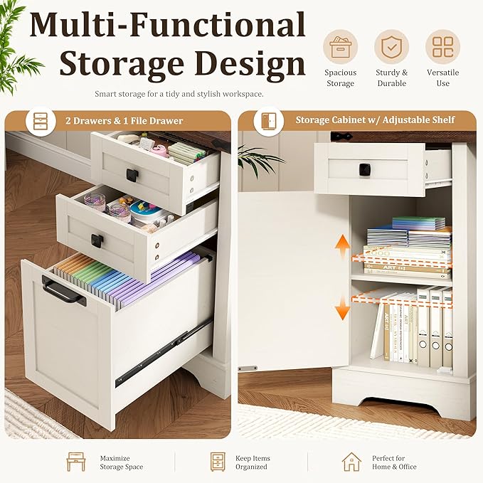 Squireewo 68.9'' Farmhouse L Shaped Desk with Hutch and Drawers, 76" High Wood Executive Home Office Desk with Charging Station, File Drawer and Cabinet, Computer Corner Desk with Sliding Doors, White