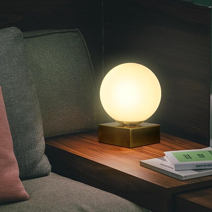 FLORNIA Globe Tble Lamp, Modern Industrial Round Table Lamp, Unique Bedside Nightstand Desk Lamp with Glass Shade and Marble Base for Bedroom, Living Room, Office Study, Decoration (Include Bulb G45)