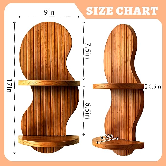 2-Tier Boho Arch Wall Shelf, 17x7.9in Mid Century Modern Wood Floating Shelves, Rustic Brown Hanging Shelf for Living Room Bedroom Office Decor Plant Display