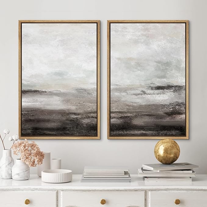 MUDECOR Framed Wall Art Print Set Brown and Gray Grunge Paint Stroke Landscape Abstract Shapes Illustrations Modern Minimalist Chic Relax/Calm for Living Room, Bedroom, Office - 16"x24"x2 Natural