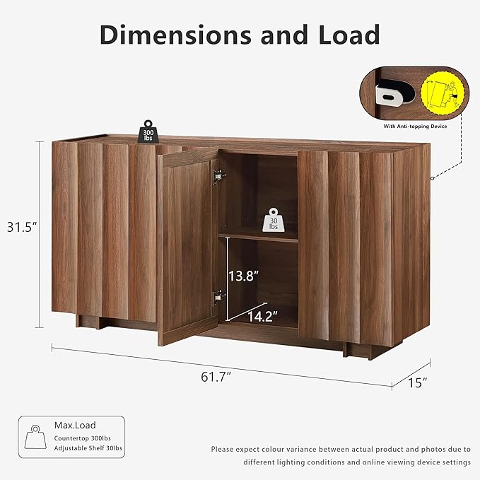win2win 61.7" Buffet Cabinet with Storage, Mid Century Modern Sideboard with Wave Design, Wood Grain Finish, Credenza with Adjustable Shelves, Modular Cabinets for Living Dining Room Hallway, Walnut