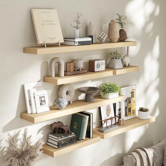 Marsmiles Natural Wood Floating Shelves | Unfinished Wood Wall Shelves Set of 2 | 16" W x 7.7" D x 1.6" H Natural Wooden Shelves for Bathroom Living Room Kitchen