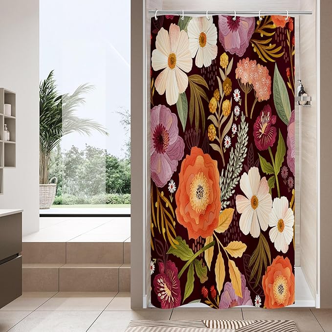 MitoVilla Small Stall Boho Shower Curtain 36 x 72, Modern Floral Narrow Half Size Vintage Shower Curtains for Luxury Bathroom Decor, Colorful Tropical Leaves Shower Curtain 36 inch