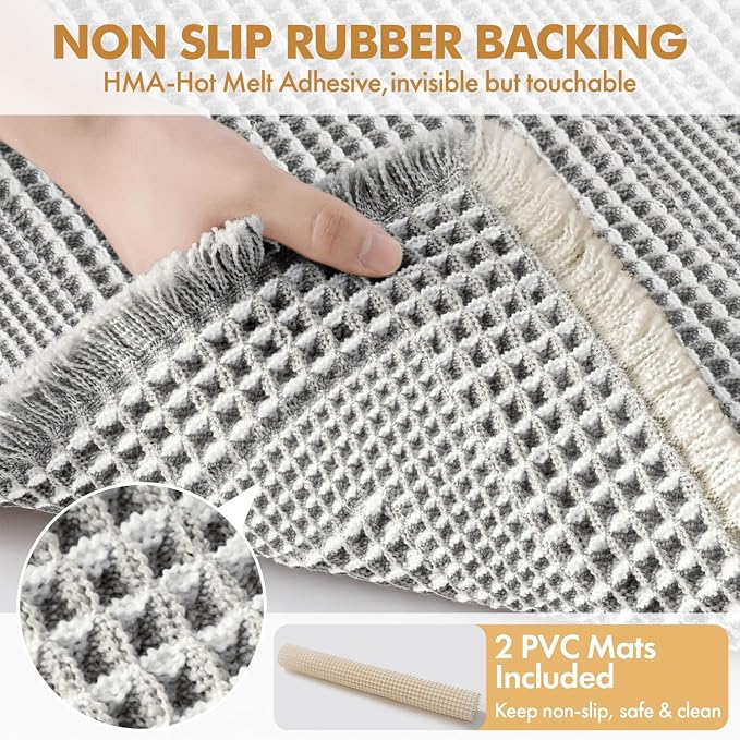MIULEE Set of 2 Waffle Bathroom Rugs, Boho Bath Rug Super Absorbent, Non Slip Washable Ultra Soft Rubber Backed Shower Bath Mats for Floor, Tub, Shower, Looped Design, Lightgrey & Cream, 17x24 Inch