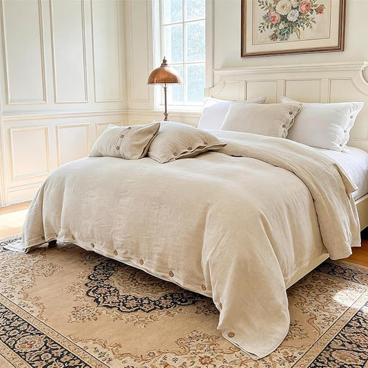 Simple&Opulence 100% Linen Duvet Cover Set 2pcs with Coconut Button Closure Natural French Washed Flax Solid Color Soft Breathable Farmhouse Bedding - Linen, Twin Size