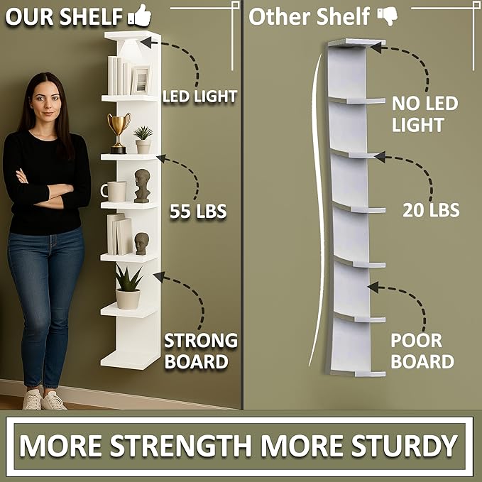 Home Stuff Wall Shelf Unit, 11 3/4x74 3/4,Use Fixing Devices Suitable for The Walls in Your Home, 7 Tier Vertical Lack Wall Shelves, Column Shelf Organizer & Storage for Bedroom(2 x White with LED)