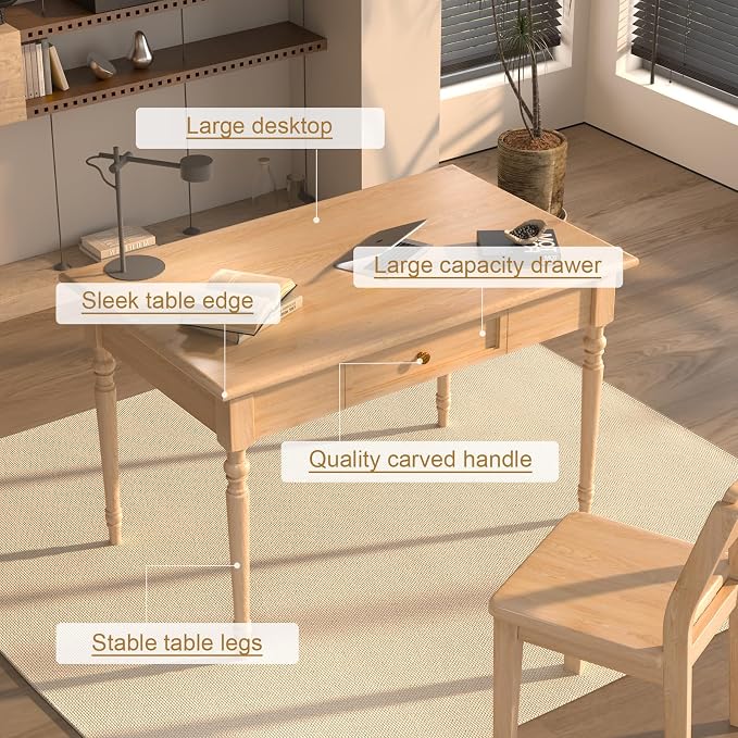 Solid Wood French Country Desk,Writing Desk with Storage Drawers,Farmhouse Computer Table Makeup Table Modern Simple Style,for Home Office Living Room Study Workspace Bedroom (Wood, 31.5IN)