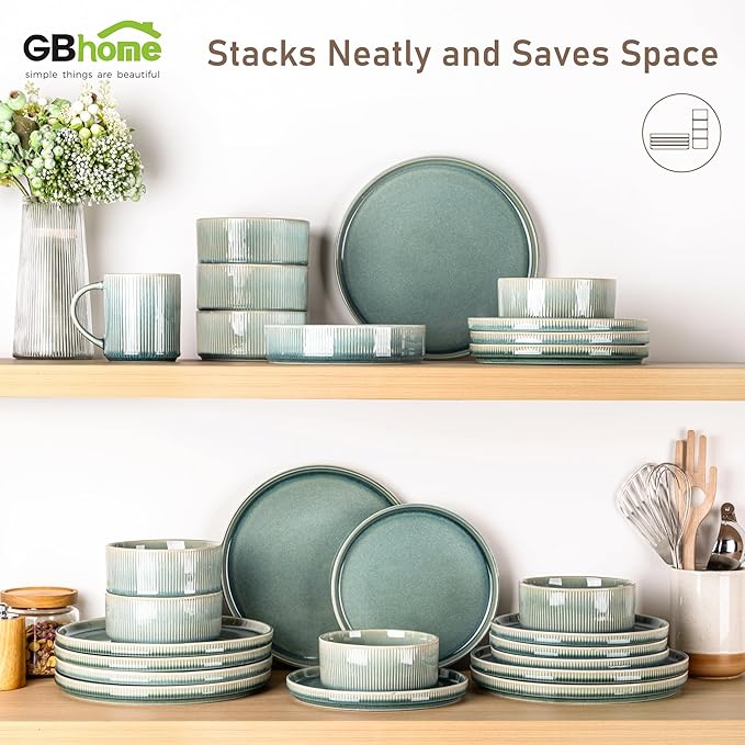 GBHOME 12-Piece Stoneware Dinnerware Set for 4 – Ribbed Ceramic Plates and Bowls, Scratch-Resistant, Microwave & Dishwasher Safe, Reactive Glaze, Malachite Green