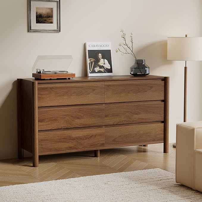 47" Wide 6-Drawer Dresser, Farmhouse Storage Chest with Solid Wood Legs, Large Organizer TV Stand for Bedroom, Living Room & Hallway, Walnut Finish