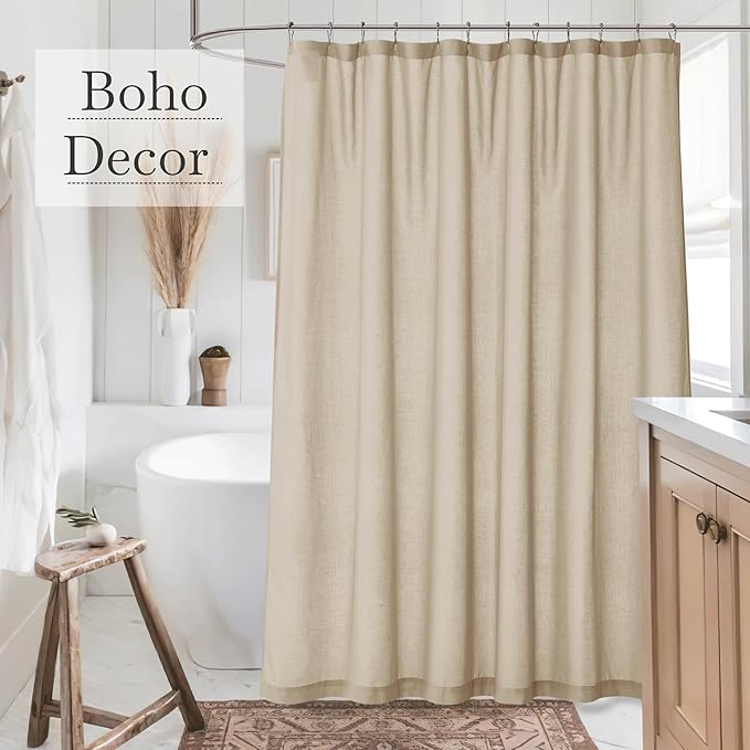 KGORGE Linen Shower Curtain - Semi Sheer Lightweight Button Hole Half Privacy Quick Dry Shower Curtains for Bathroom Bathtub Decor, Angora, 72 x 84 inches Long, Hooks Included