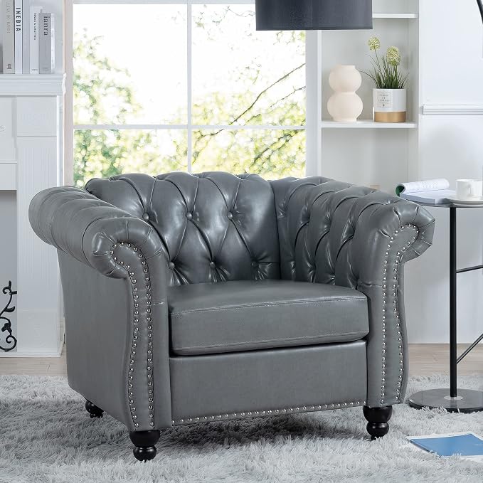 Yoglad Faux Leather Accent Chair, Retro Style Armchair with Rolled Arms, Comfy Single Sofa with Wood Legs and Nailhead for Living Room, Bedroom, Apartment (Grey, 39")