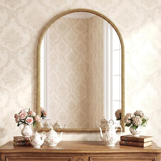 Large Vintage Arched Wall Mirror - 24"X36" Retro Gold Rope-Like Metal Framed Mounted Mirror for Wall Decor, Vanity Mirrors for Bathroom, Living Room, Bedroom, Fireplace