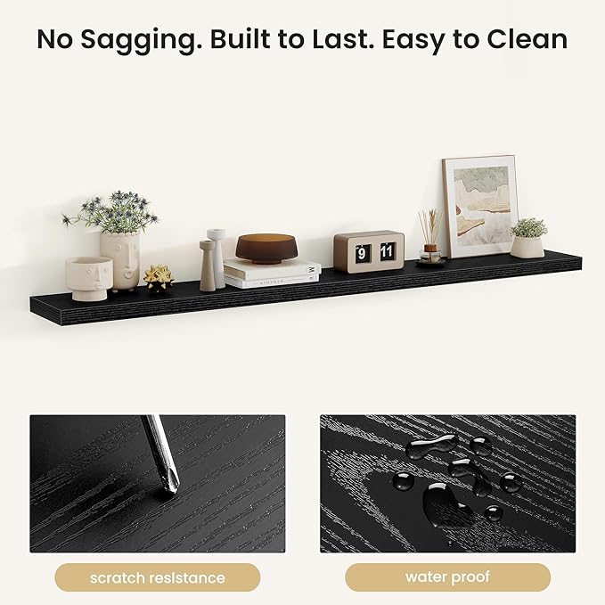 Fun Memories Floating Shelves for Wall, Rustic Wood Wall Mounted Shelves for Bathroom, Bedroom, Living Room & Kitchen, Storage Display Shelves, (Set of 2, Black, 66 in)