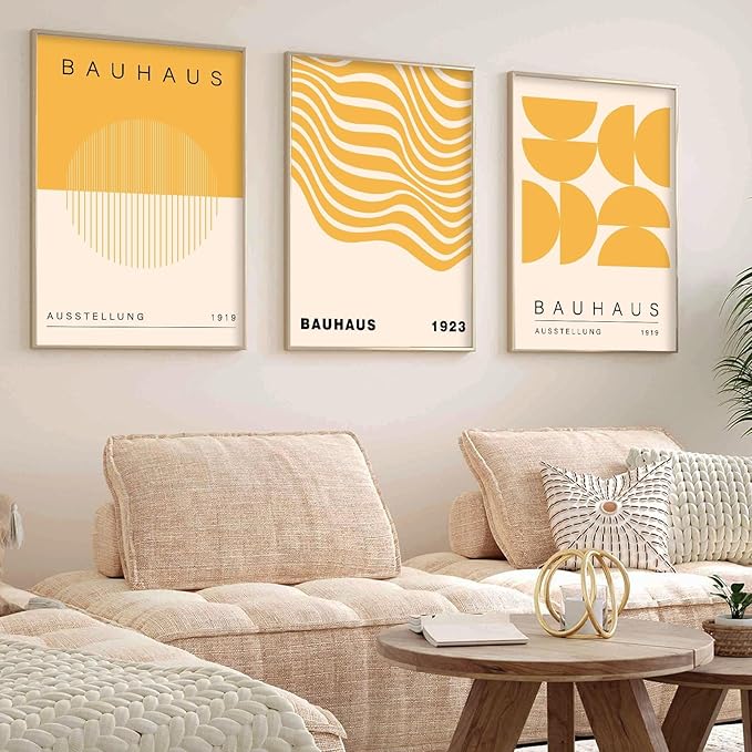 Geometric Line Wall Art Abstract Shape Prints Bauhaus 1923 Poster Beige and Yellow Wall Art Mid Century Modern Artwork Bauhaus Exhibition Poster Boho Modern Pictures for Living Room 16x24inch Unframed