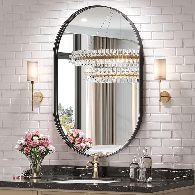 Brightify Black Oval Mirror for Wall 20x33 Inch, Metal Framed Bathroom Vanity Mirrors, Modern Pill Shape Mirror for Bedroom Living Room Wall Decorative Hang Vertical and Horizontal