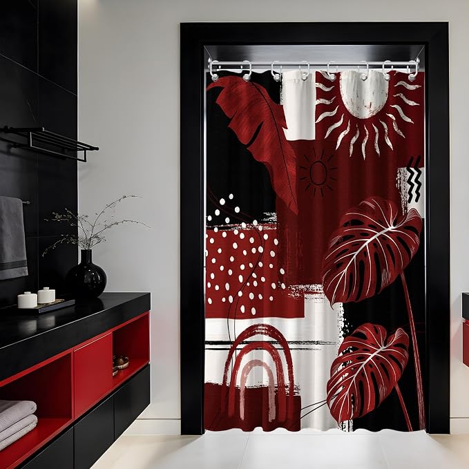 Small Stall Narrow Shower Curtain Black and Red Stand Up Burgundy Abstract Boho Shower Curtains for Rv Camper Bathroom Decor Sets, Waterproof Cloth Fabric with Hooks, 48 x 72 Inch