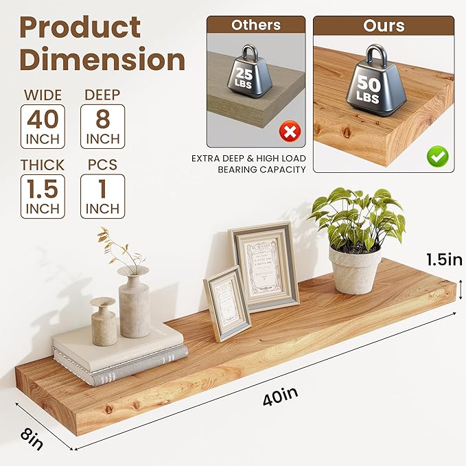 Extra Deep 40" Long Rustic Solid Wood Floating Shelves for Wall, Wall Shelves with Invisible Bracket for Living Room Bathroom Bedroom Kitchen, Set of 1, Walnut