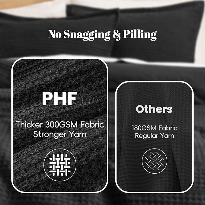 PHF Soft Waffle Comforter Set Twin Size- Comfy Breathable Waffle Weave Comforter with 1 Pillow Shams, 2 Pieces Less Snagging Lightweight Textured Bedding Set for All Season, Black