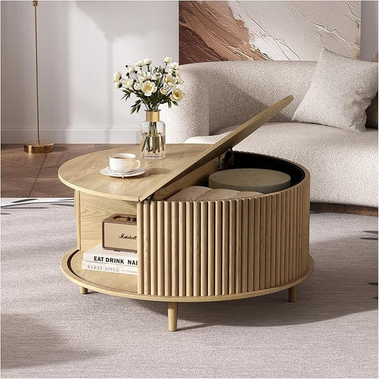 Round Coffee Table with Storage, 31.5" Oak Wood Drum Table, Fluted Circle Center Table for Living Room, Modern Mid Century Furniture with Sliding Door