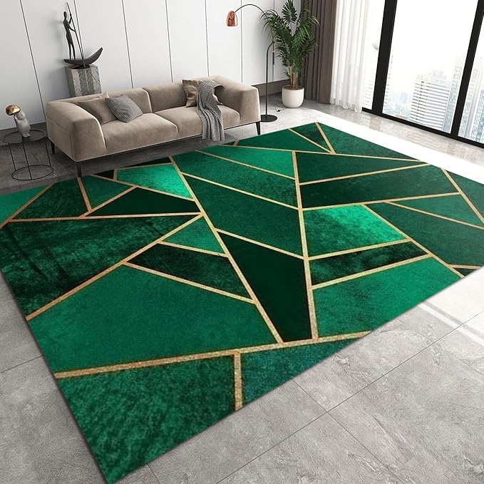3x4 Area Rugs Emerald Green Gold Geometry Home Decor Rug, Golden Line Art Geometry Easy Clean Carpet for Living Room Bedroom Kitchen Dining Room Home Office Floor Rug