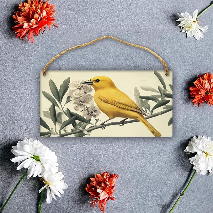 Artistic Retro Yellow Bird on Floral branches Wooden Wall Art, Botanical Home Decors for Vintage Lovers, 12x6 Inch Wood Sign to Add Charm to Your Study