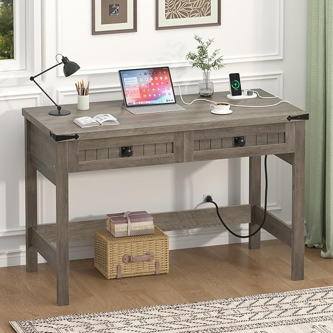 YOMILUVE Farmhouse Computer Desk with 2 Drawers, 39 Inch Small Computer Desk with Power Outlets, Home Office Desk Compact Writing Study Table for Small Spaces, Grey
