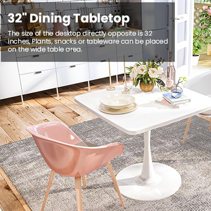DKLGG White Tulip Table for 2, Small Dining Table with Pedestal Base, 32 Inch Leisure Design Square Kitchen Table for Dining Room Small Space