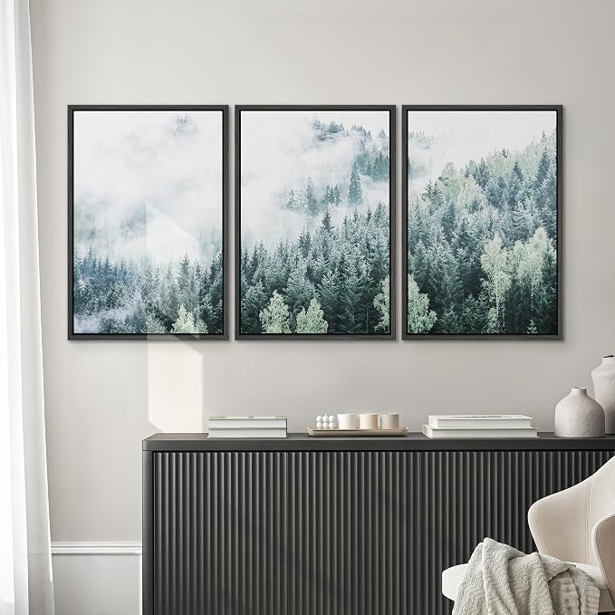 SIGNWIN Framed Canvas Print Wall Art Set Aerial View Foggy Mountain Forest Nature Wilderness Photography Modern Art Rustic Landscape Relax/Calm for Living Room, Bedroom, Office - 16"x24"x3 Black