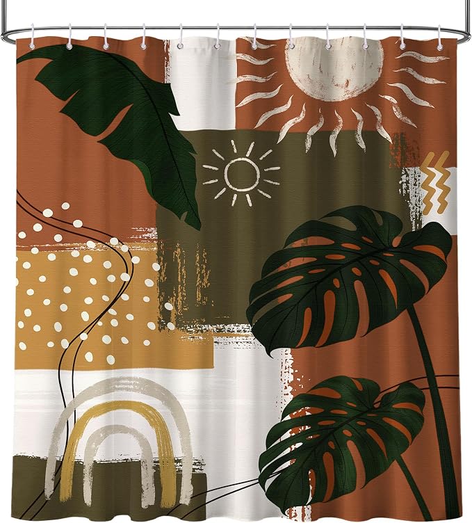 Extra Long Shower Curtain Extra Tall Mid Century Modern XL Abstract Tropical Leaf Shower Curtains for Large Bathroom Decor Sets, Waterproof Cloth Fabric with Hooks, 108x72 Inch