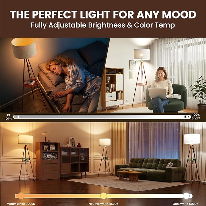 Tripod Floor Lamp with Shelves, RGBW Color Changing LED Bulb Included, Remote & App Control, Mid Century Modern Standing Light, E26 Base,Boho Copper Finish for Living Room, Bedroom, Office