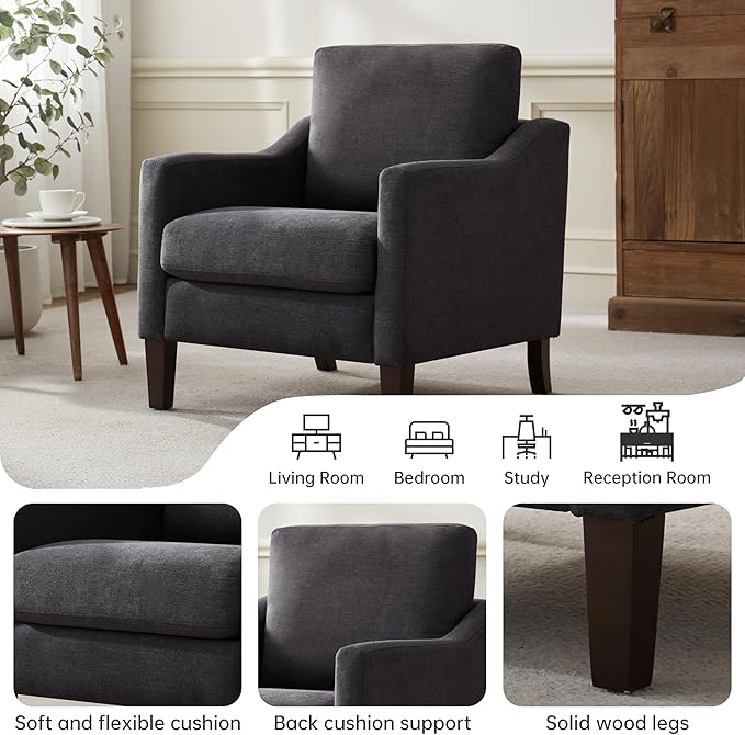 VKNOW Mid Century Modern Accent Chair, Upholstered Living Room Chairs Armchair for Bedroom, Comfy Reading Accent Chairs with Wood Legs for Living Room (2, Dark Grey)