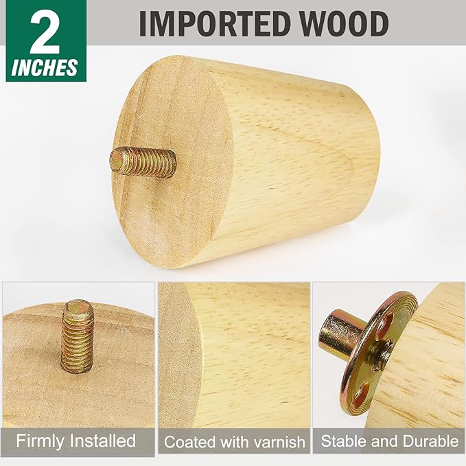FoDau770 Rubber Wood Furniture Legs 2 Inches, Slant Tapered Wood Feet Mid Century Sofa Legs Set of 8, 5/16" UNC Furniture Feet Replacement Parts for Cabinet Couch Dresser Chair Ottoman Table