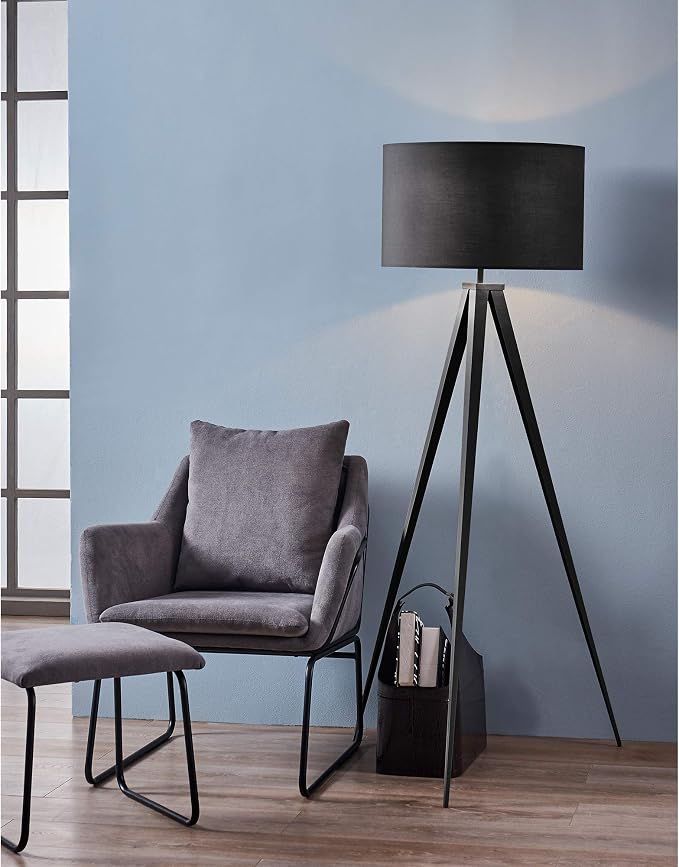 Versanora Romanza Modern LED Tripod Floor Lamp Tall Standing Light with Drum Shade Metal Legs for Living Room Study Reading Bedroom Home Office, 60 inch Height, Matte Black