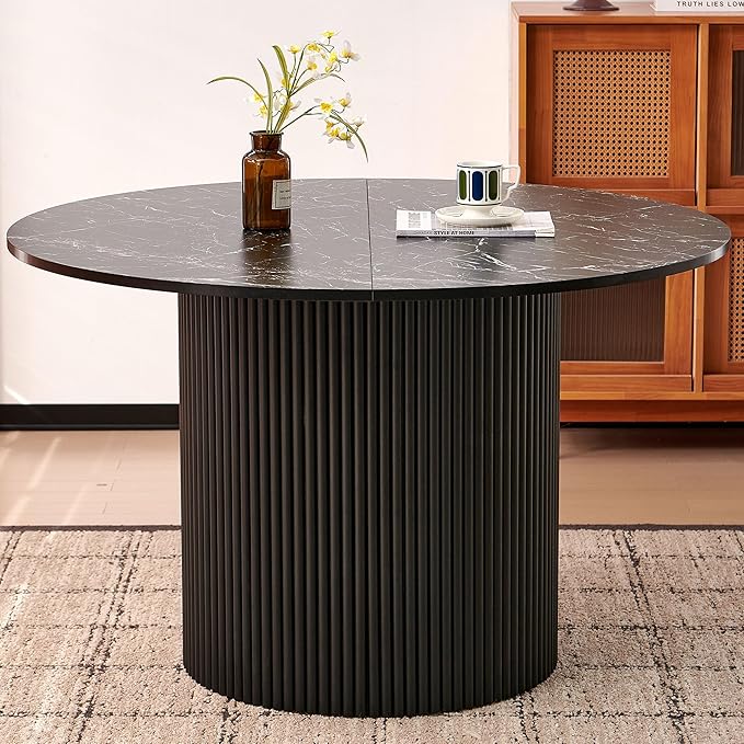 Farmhouse Black Dining Table Set for 4,Rustic Round Kitchen Table Set with Brown Upholstered Sherpa Dining Chairs, Modern Kitchen Table and Chairs Set for Living Room, Dining Hall,Restaurant