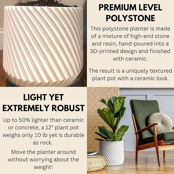 Fox & Fern Large Indoor Planter, Modern Large Plant Pot for Indoor or Outdoor, UV and Frost Resistant - 12 Inch, Polystone, Matte White Flower Pot with Drainage Plug, 3D Printed Design