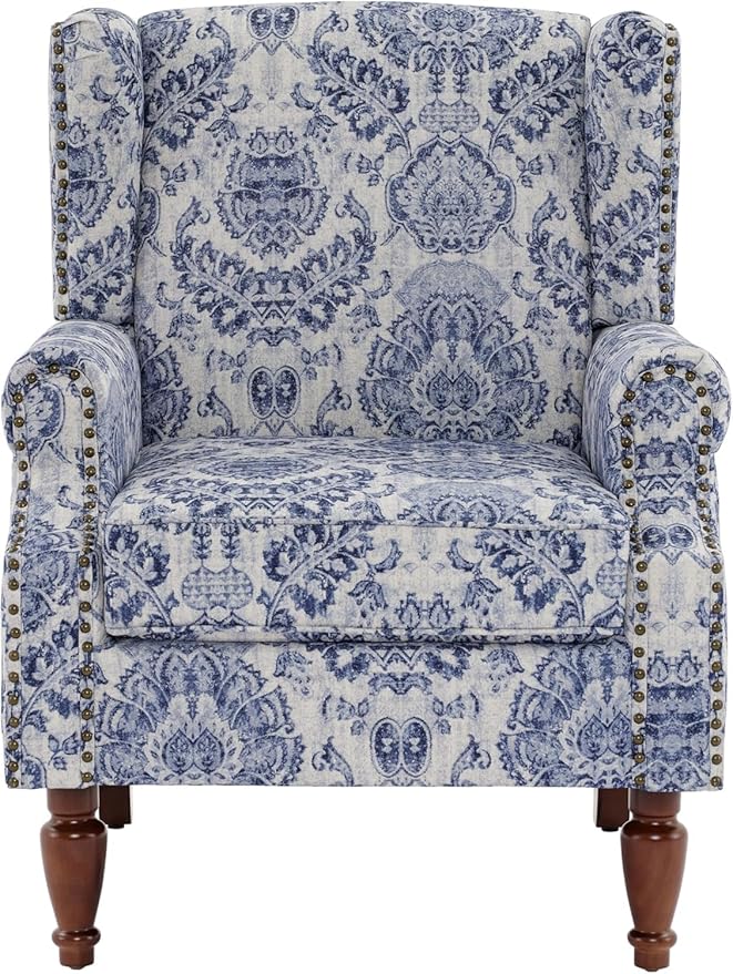 High Back Accent Chairs Set of 2, Fabric Wingback Chair Floral Upholstered Armchair for Living Room, Retro Comfy Single Sofa Bedroom Reading Seat with Solid Wood Legs - Navy