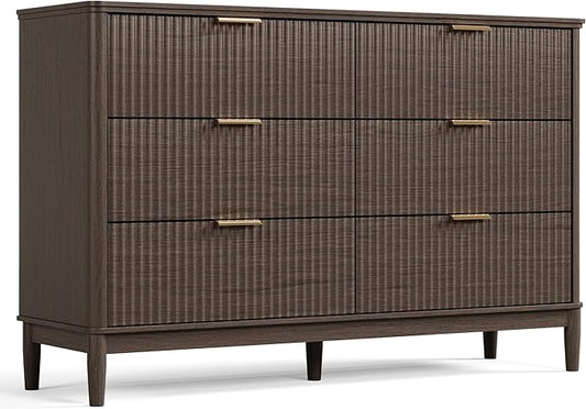 LINSY HOME Fluted 6 Drawer Double Dresser, 54" Wide Modern Chest of Drawers, Curved Profile Design, Mid Century Wood Dresser with Metal Handle for Bedroom, Living Room, Hallway, Entryway, Walnut