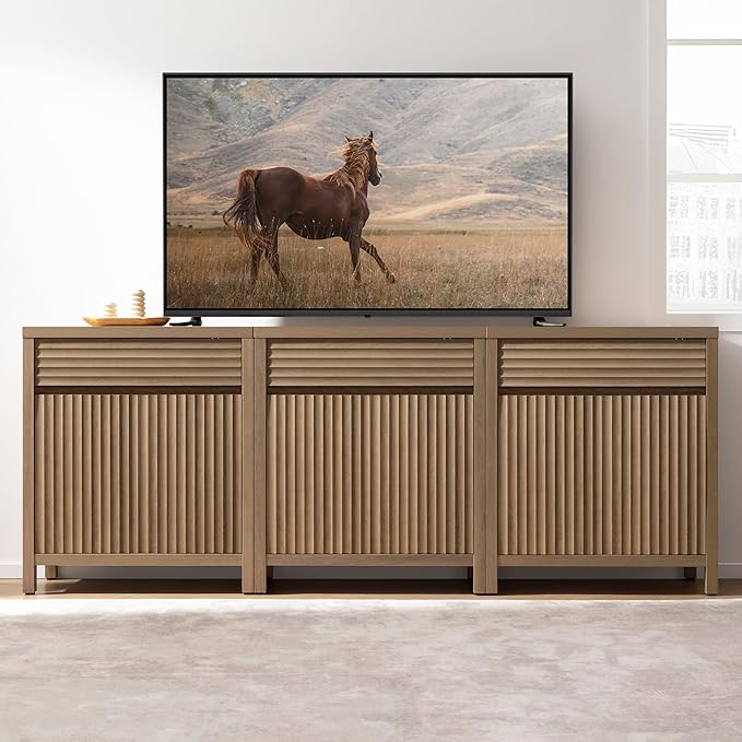 SICOTAS Fluted Buffet Cabinet with Storage - 29" Large Sideboard Modern Storage Cabinet Accent Coffee Bar Console Table with Drawers & Adjustable Shelves for Kitchen Living Room Entryway, Caramel Oak