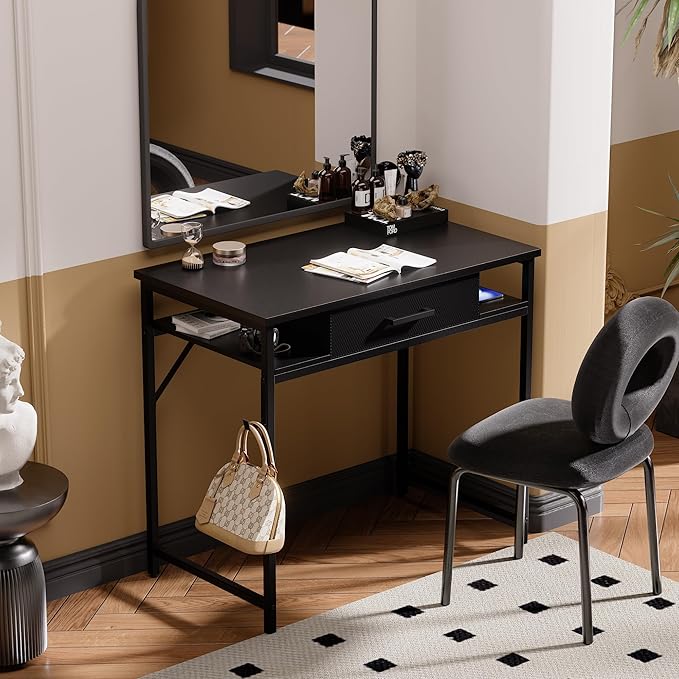 Pamray 32 Inch Small Computer Desk with Drawer and Shelves Simple Study Work Table for Bedroom Black