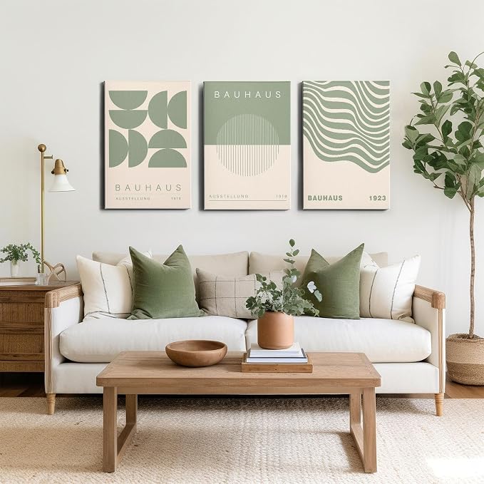 Geometric Line Wall Art Bauhaus 1923 Poster Sage Green Abstract Paintings Mid Century Modern Artwork Bauhaus Exhibition Poster Abstract Shape Prints Boho Modern Picture 16x24inch Wood Framed