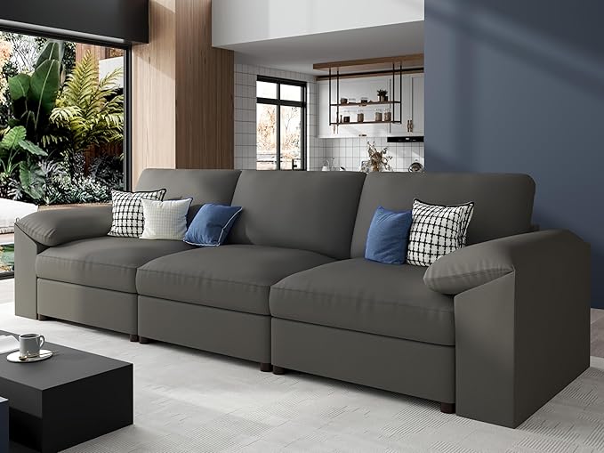 EASE MOOSE 3 Seater Deep Seat Sectional Sofa, Scratch Resistant Faux Leather Material, Oversized Modular Couch for Living Room,Modern Comfy Sofas for Small Spaces,Grey